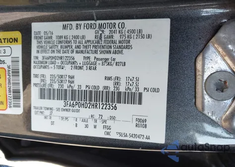 2017 Ford Fusion Se из США, поврежденный, VIN 3FA6P0HD2HR122356